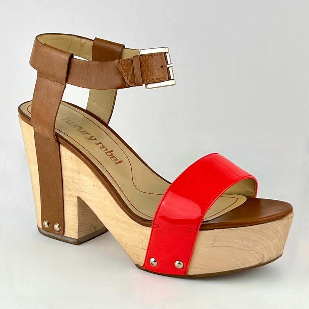 Luxury Rebel Fern Neon Coral Red Patent Leather 6.5-7/37.5 Wood Platform Sandal